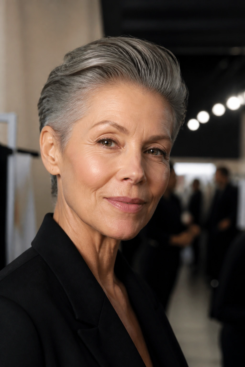Close-up of a woman with a slicked-back tapered cut, front lift, backstage fashion lighting.