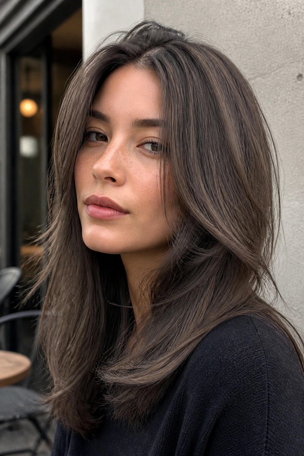 Close-up portrait of a real person with smoky grey-brown hair in urban daylight