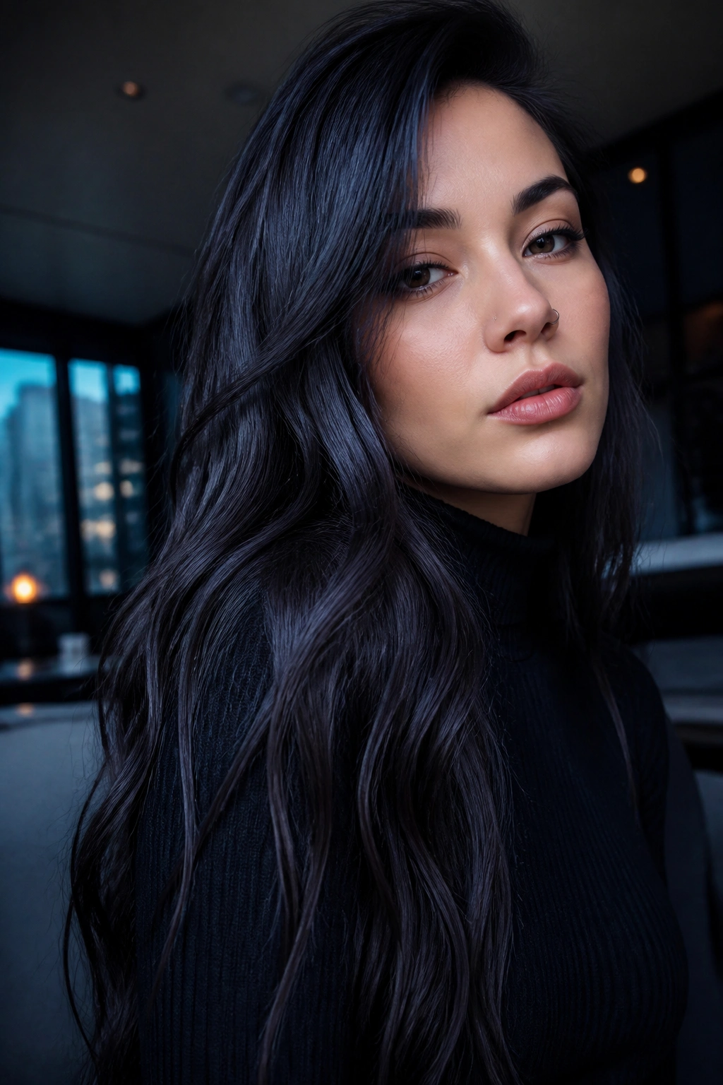 Close-up of a real person with smoky charcoal hair in a moody blue-lit interior