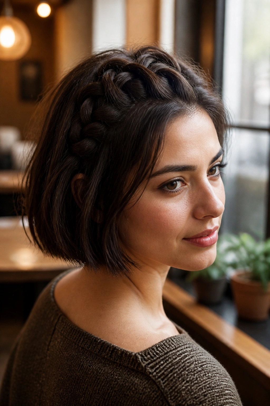 Close-up of a woman with a Snake braid on a chin-length bob