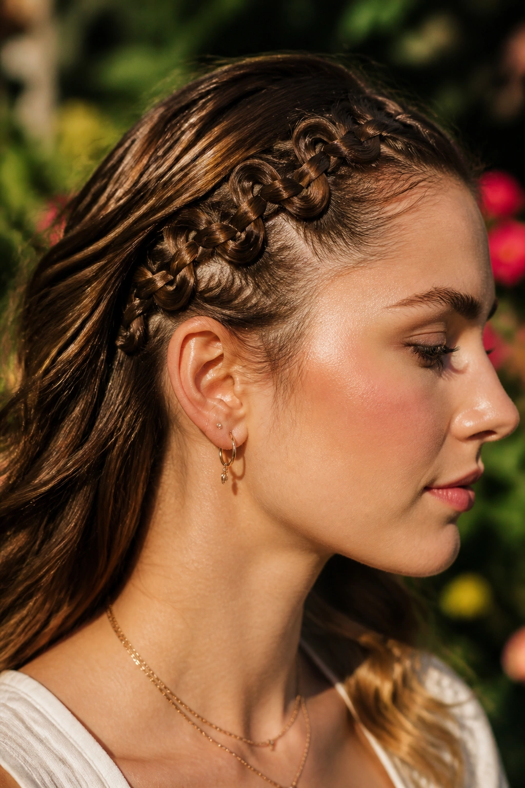 Profile of a woman with a snake braid along the scalp