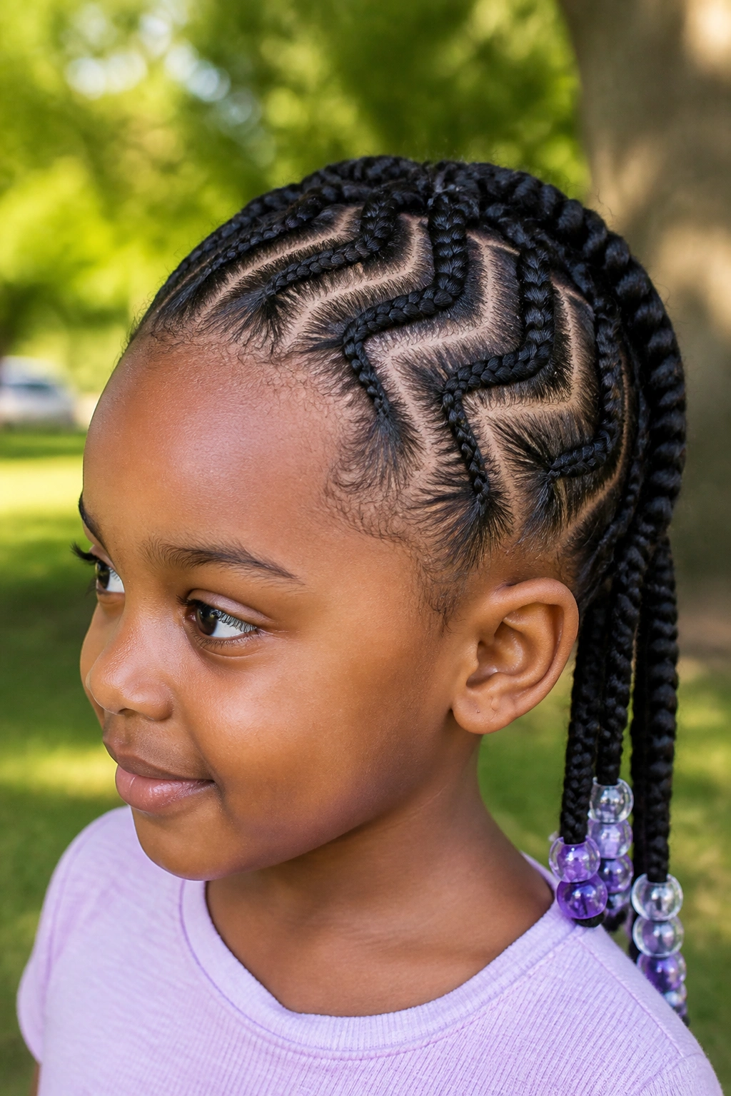 Child with snake braids forming S-curves in outdoor light