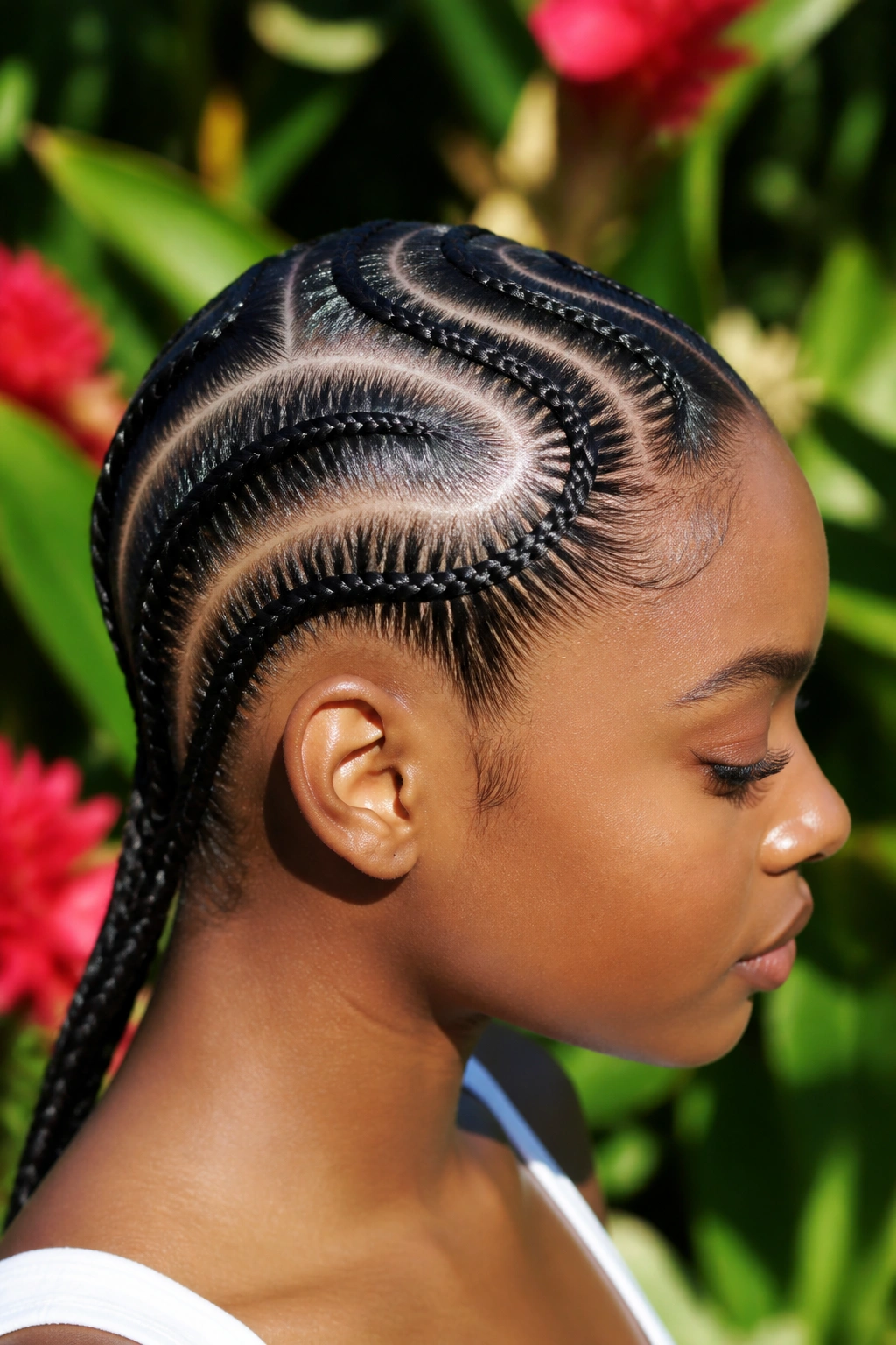 Side profile of a real woman with glossy snake braids