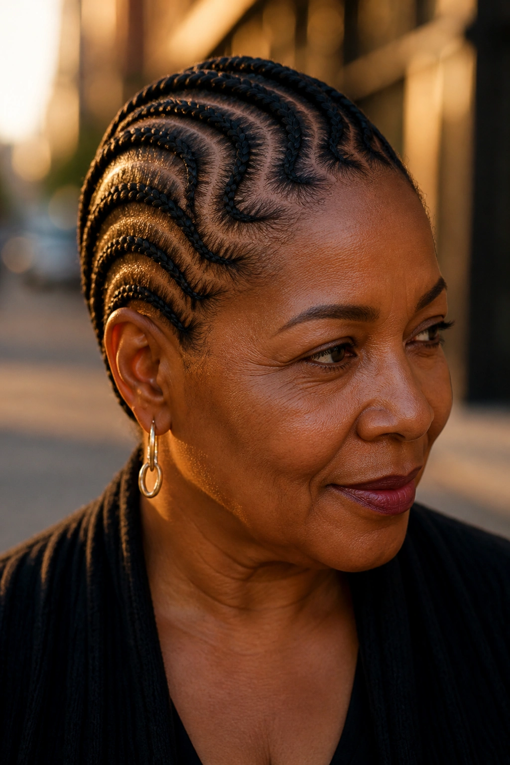 Close-up of a real woman with S-shaped snake cornrows across the scalp