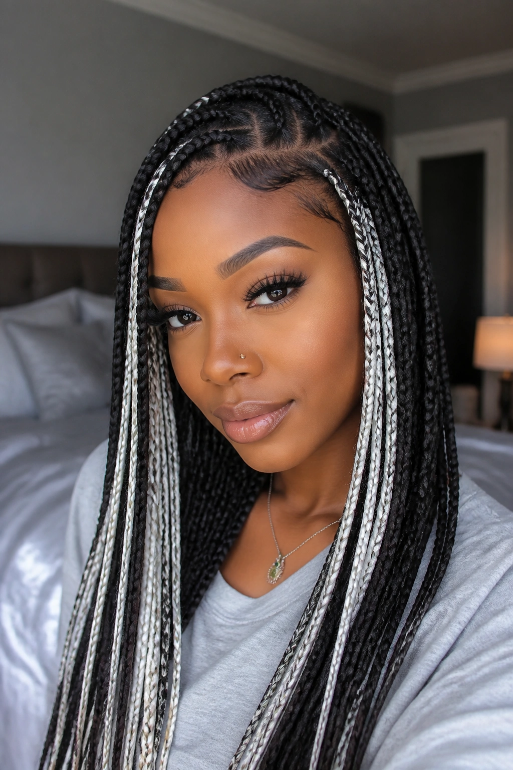 Close-up of a real woman with snowy white peekaboo braids against dark hair
