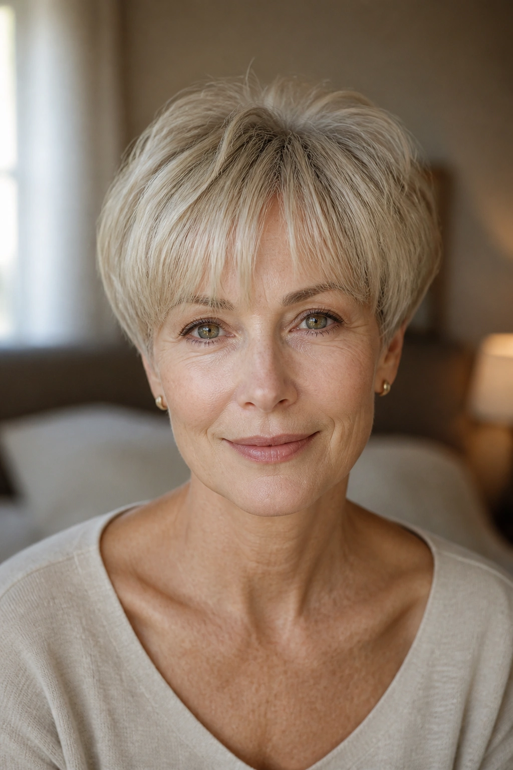 Close-up portrait of a real woman with a soft bowl cut and texture in natural window light.