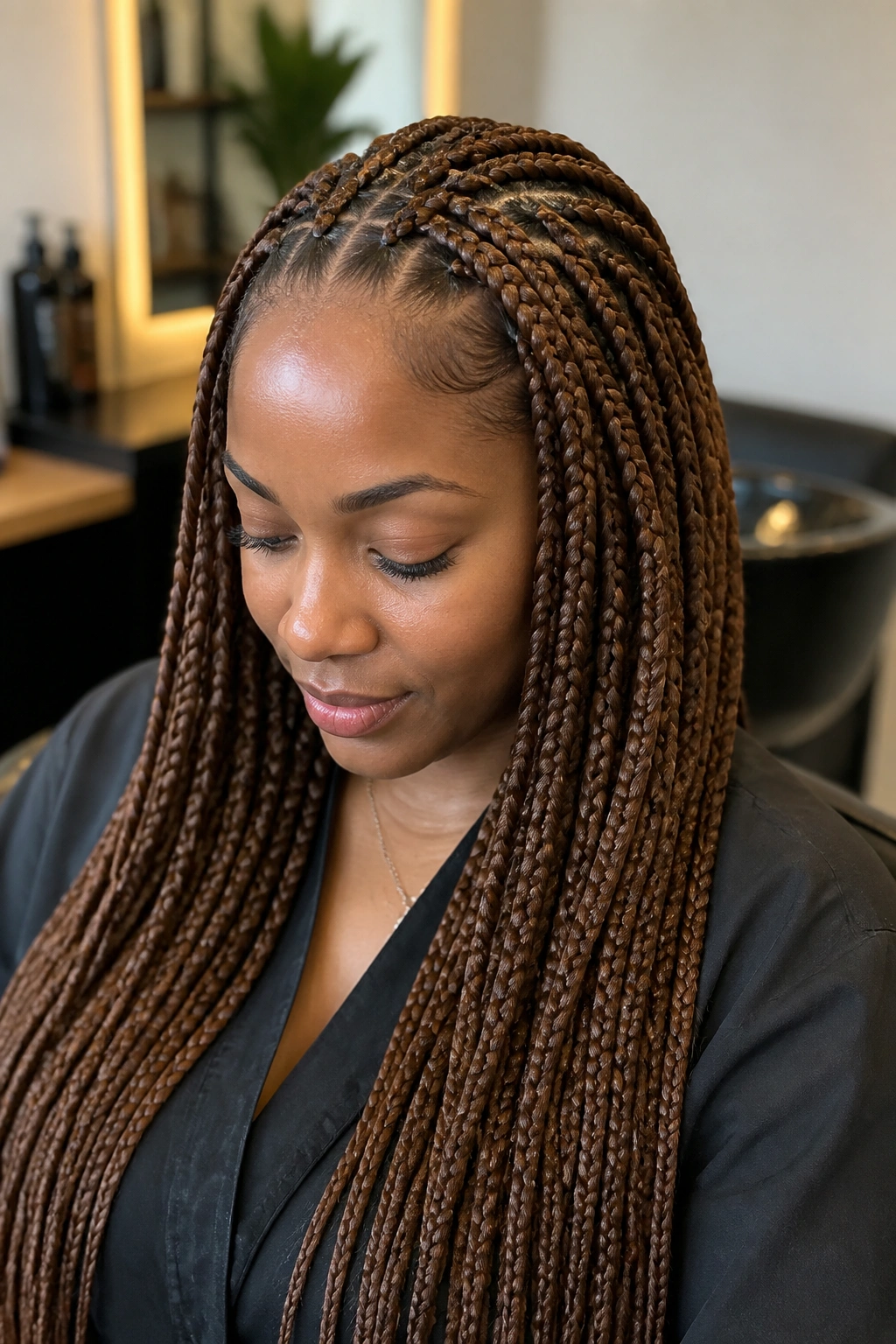 Real woman with soft brown feed-in box braids.