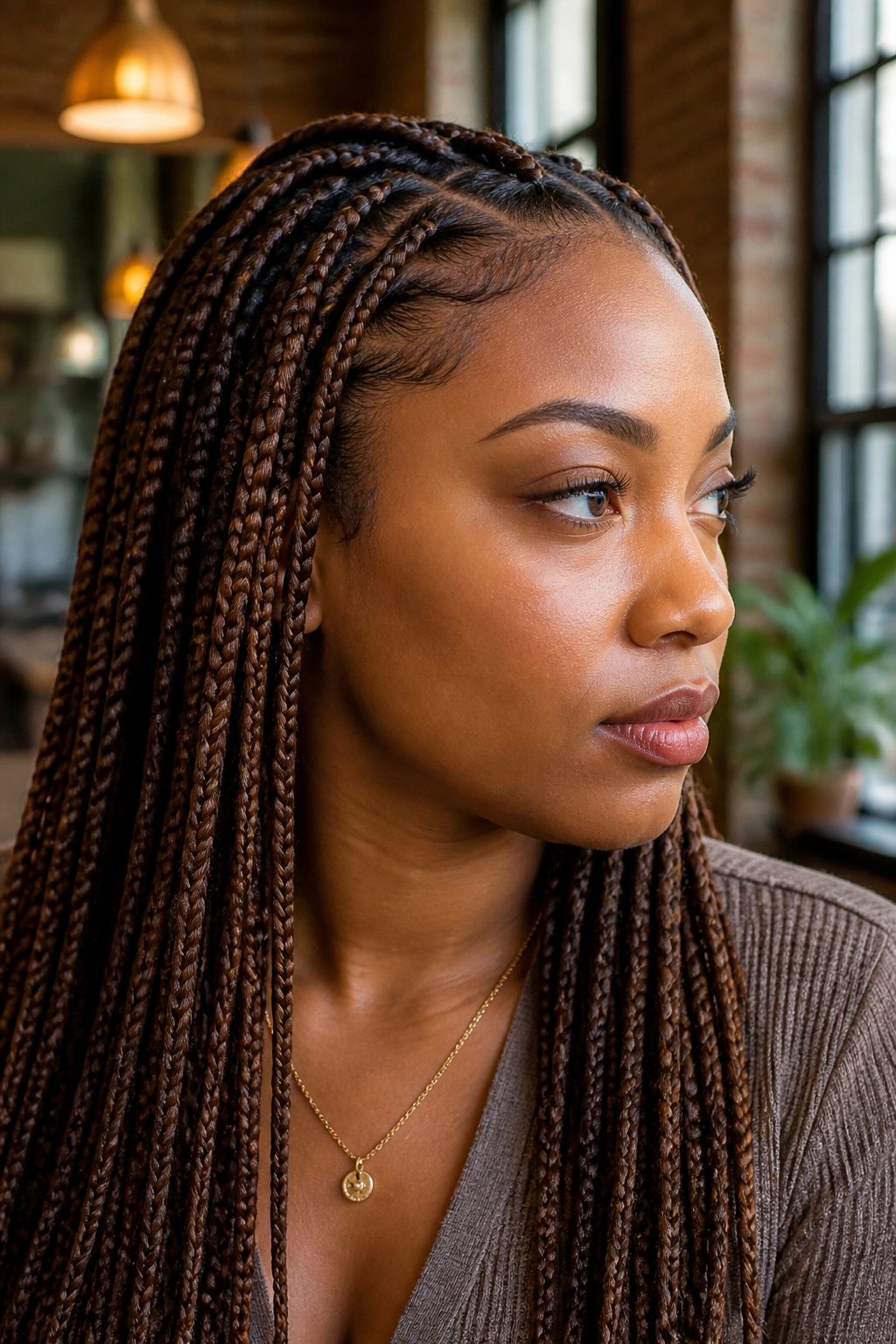 Close-up of real woman with knotless braids in soft brown tones