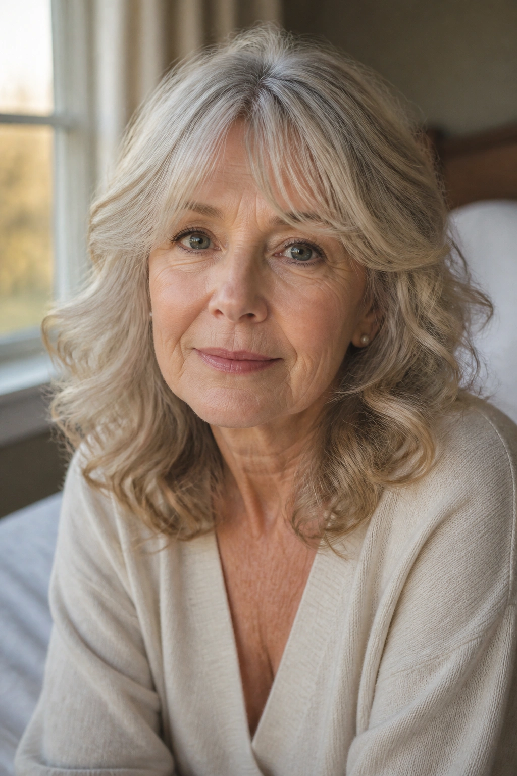 Older woman with soft curls and curtain bangs portrait