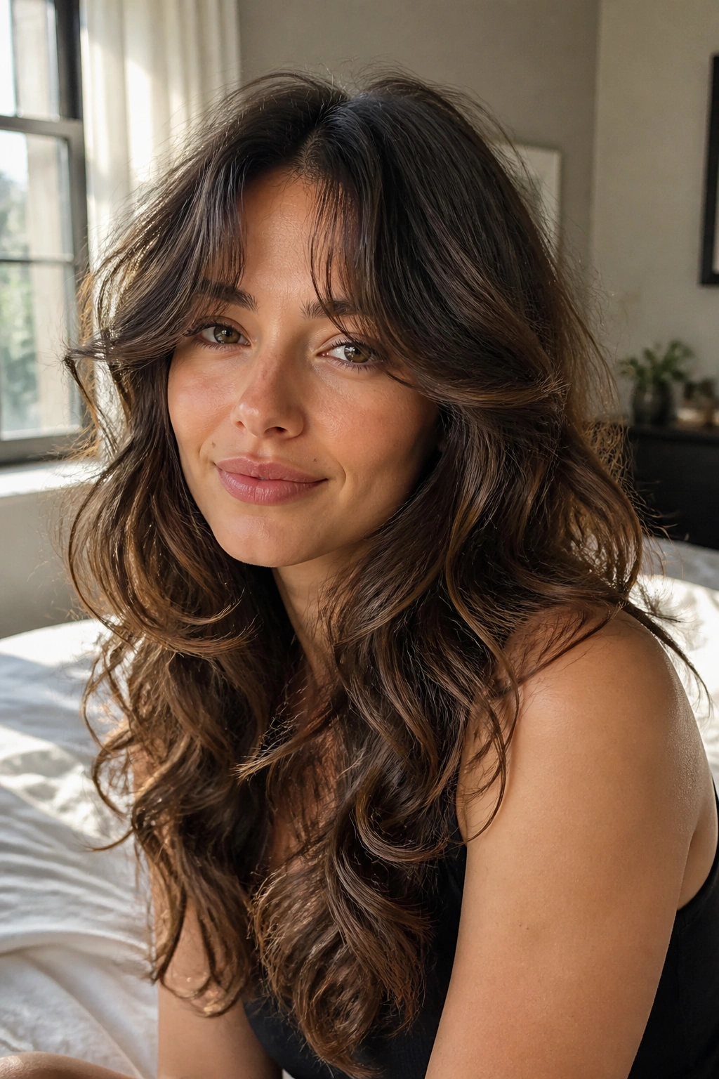 Portrait of a real person with soft curls and curtain fringe