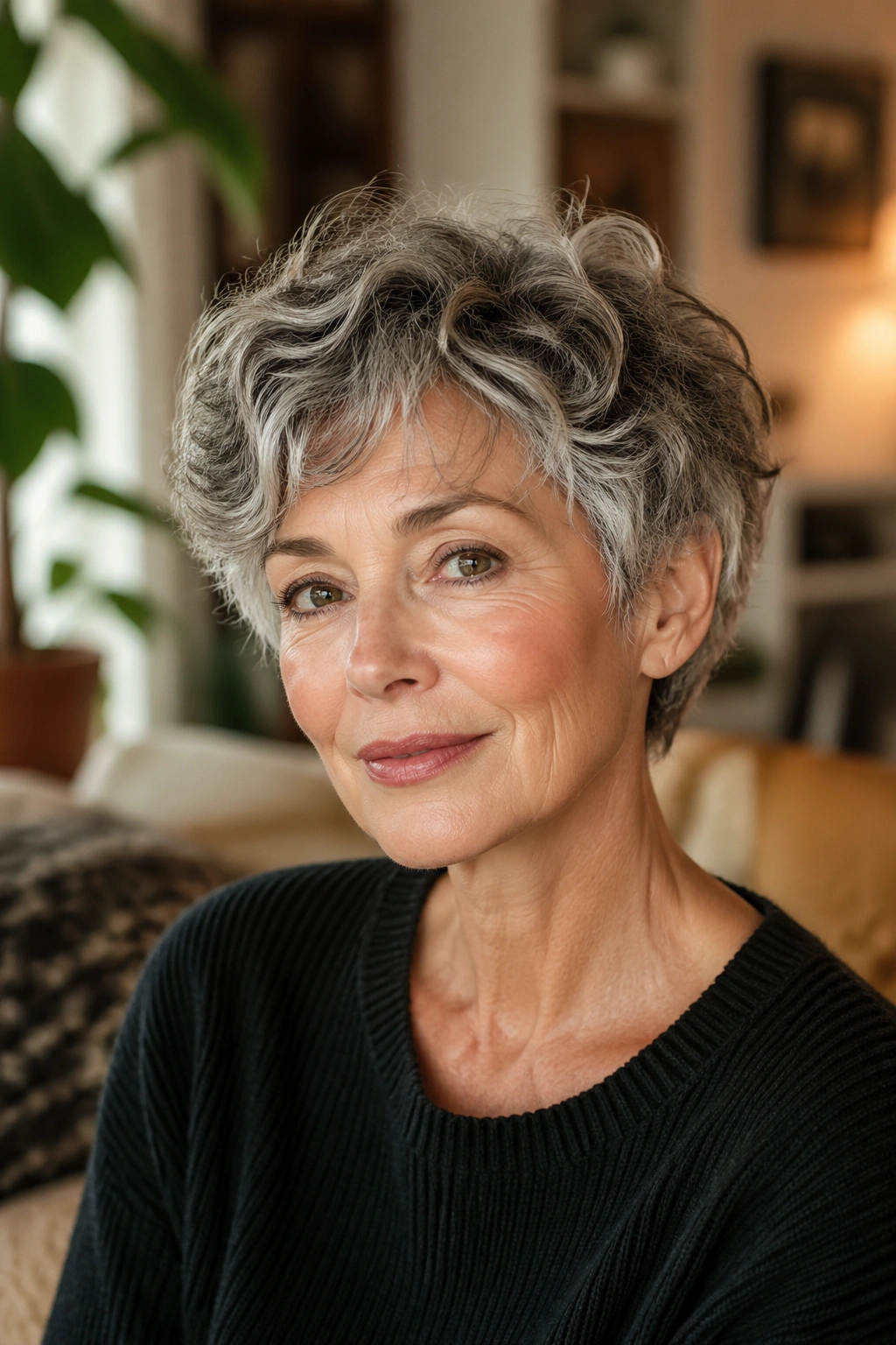Close-up of a real woman with a soft curly crop on wavy fine hair in a cozy room.