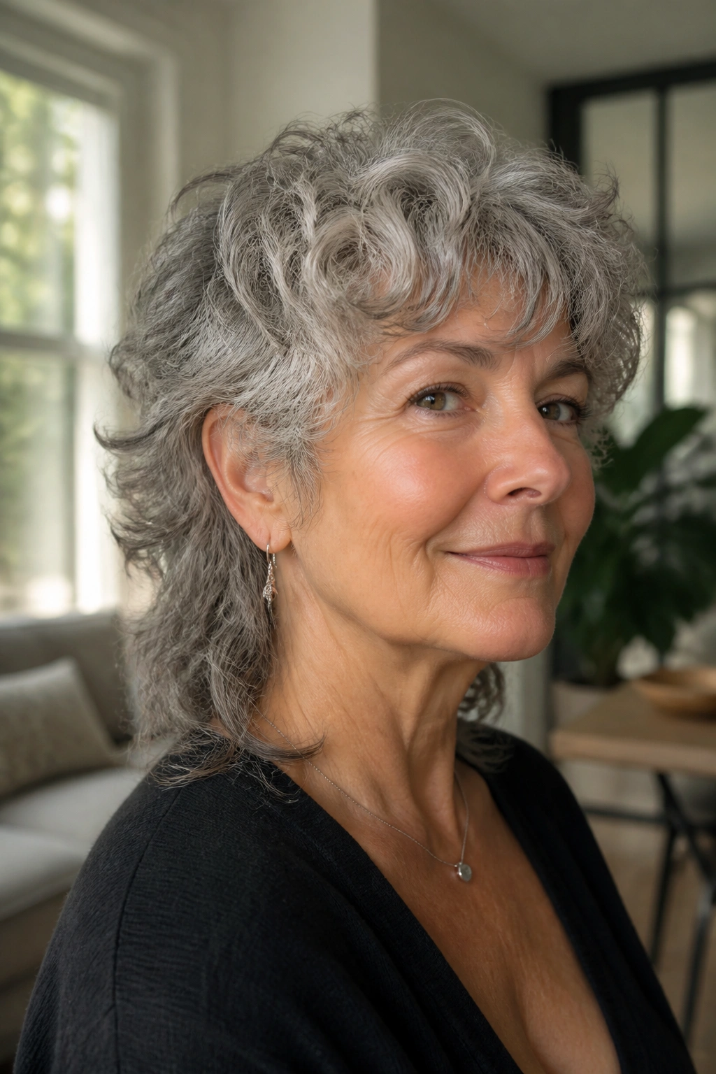 Portrait of an older woman with soft curly mullet and silver hair.