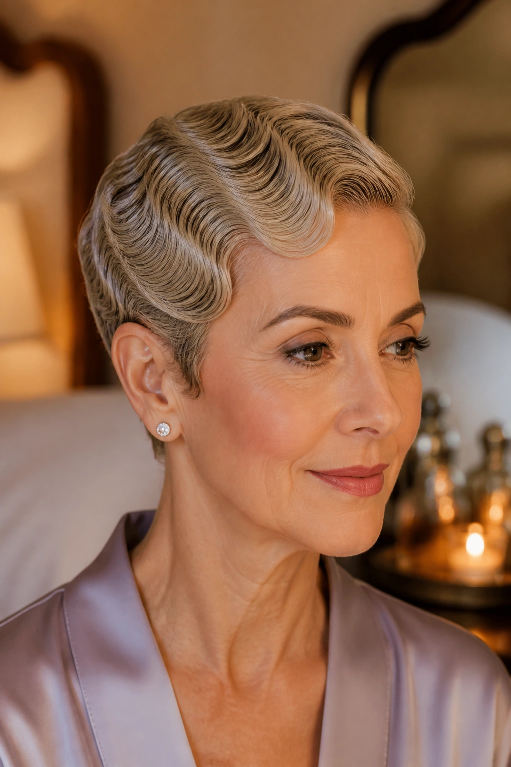 Close-up of a short pixie with soft finger waves on the head.