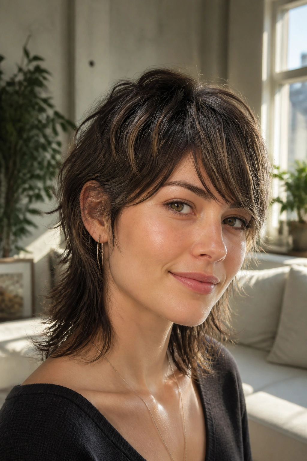 Real person wearing a soft mullet with side bangs, warm natural light