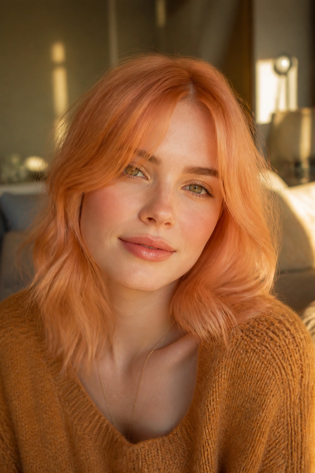 Portrait of a real person with soft peach and apricot hair in warm light