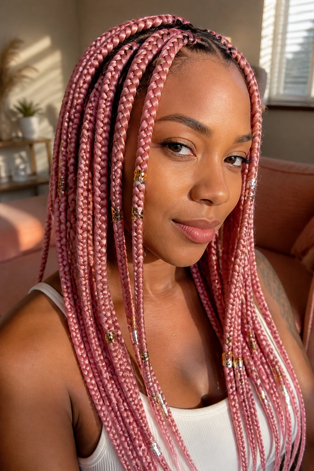 Close-up of a real woman with soft rose pink knotless braids featuring gold and silver beads in a warm home setting