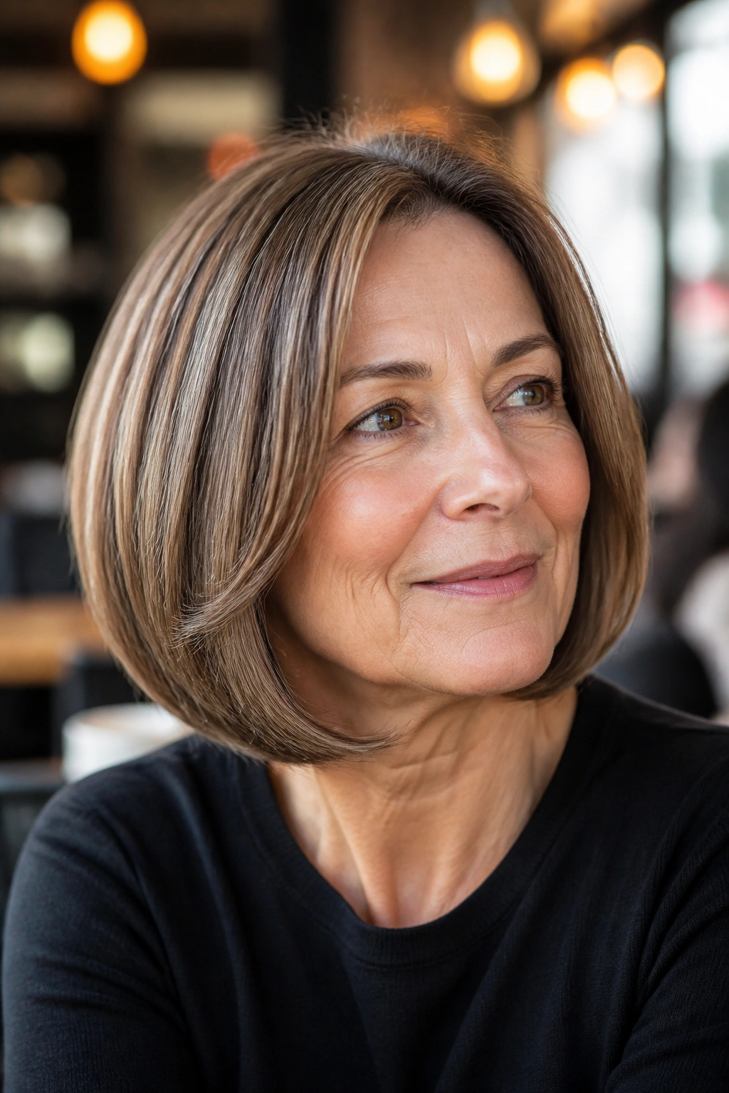 Real woman with soft rounded bob that frames the jaw