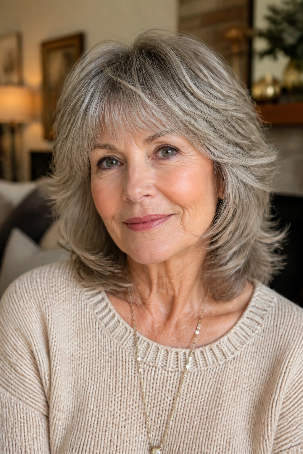 Close-up of a woman with shoulder-skimming soft shag hairstyle