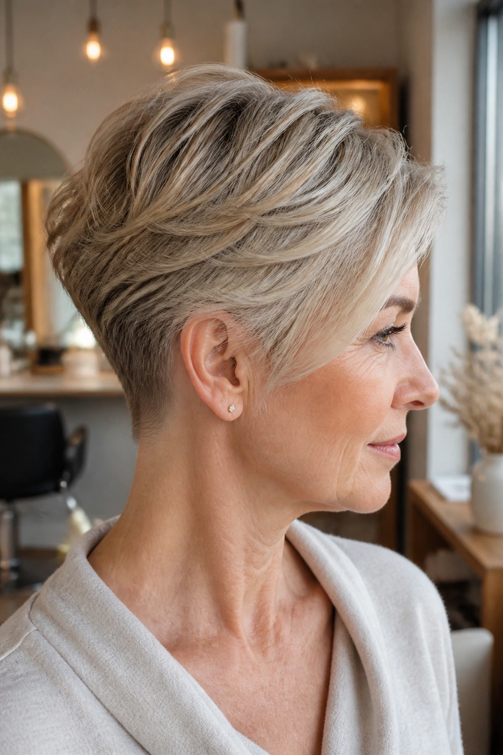 Close-up of a real woman showing a soft undercut pixie with longer top layers, in warm natural light.