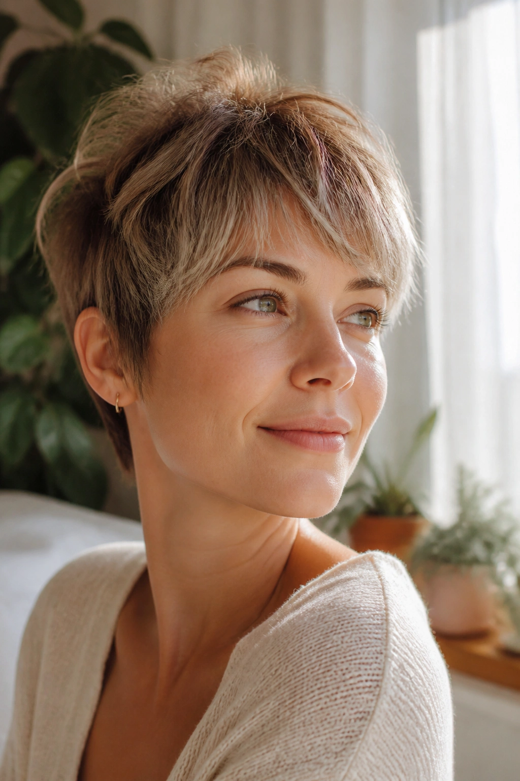 Close-up of a soft wispy pixie with feathered edges, sunlit room.