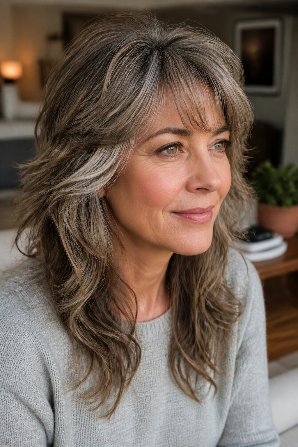 Close-up of a real woman with a soft wolf cut in a cozy living room