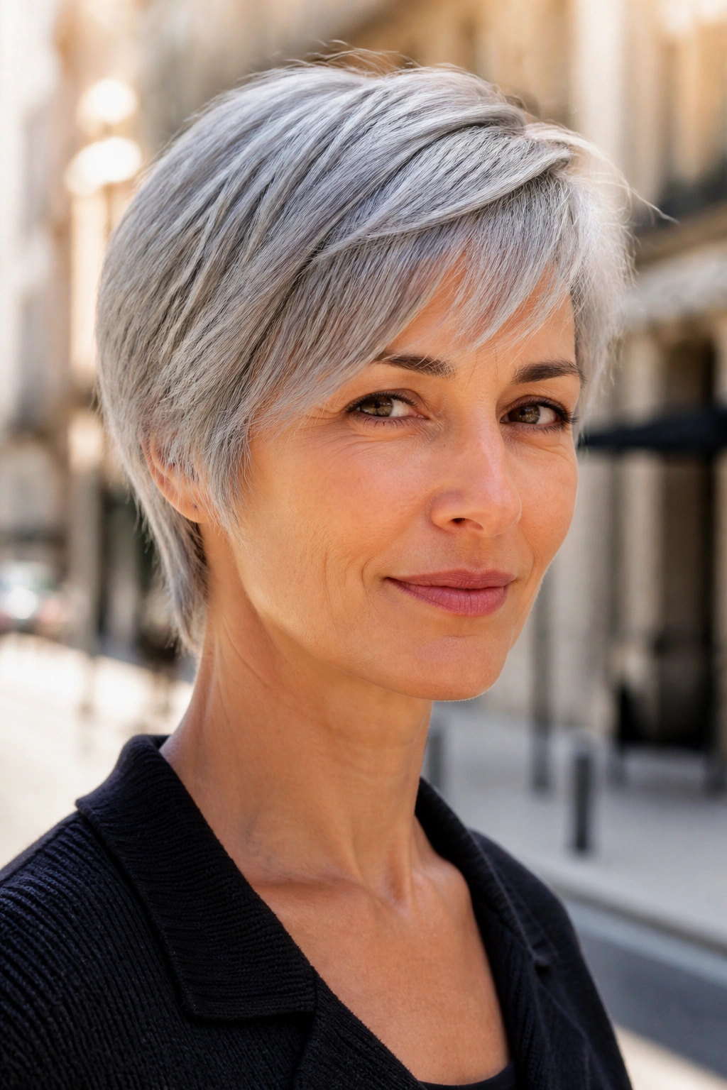 Real person with uniform titanium gray hair in a close-up portrait