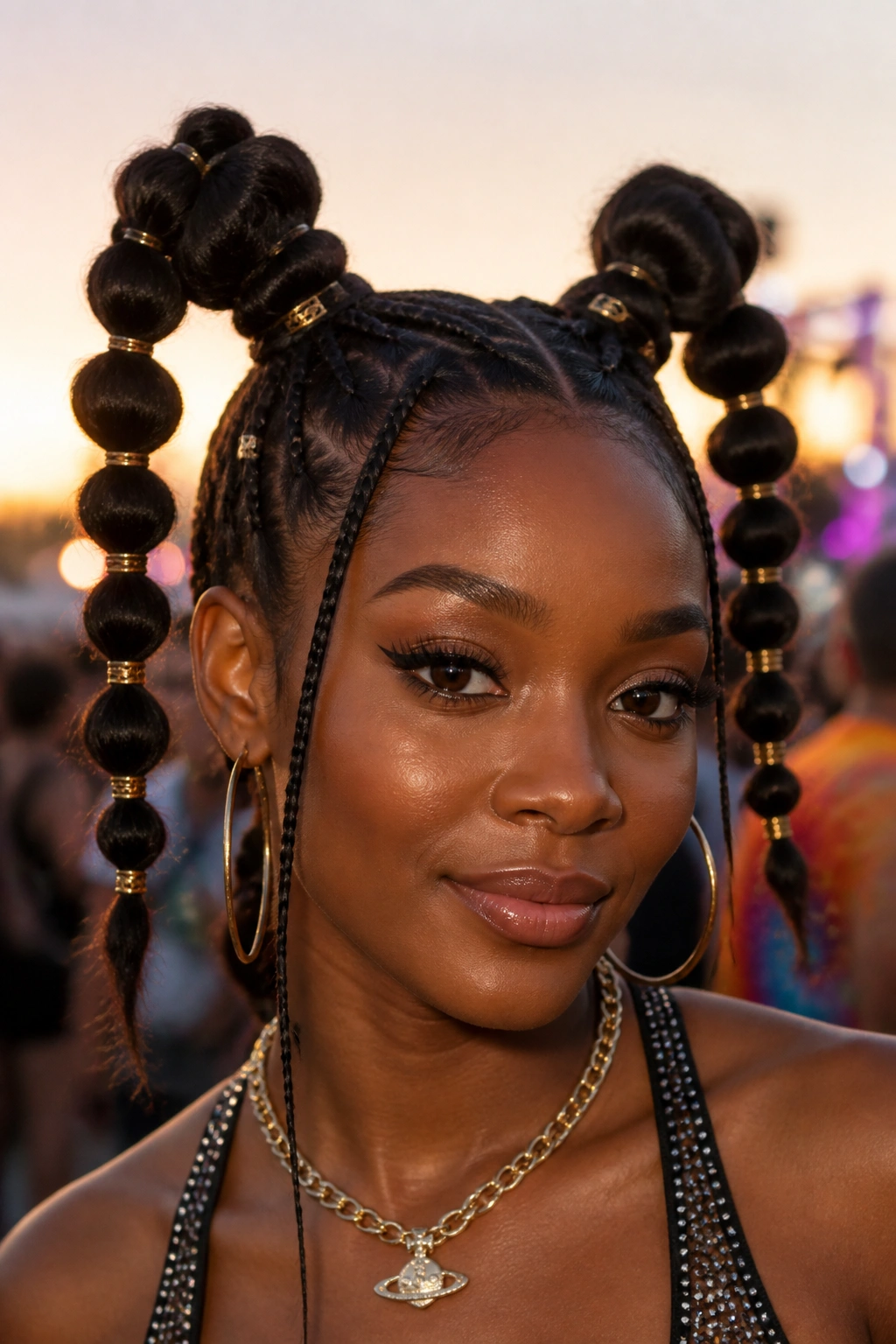 Real person with two high space buns made of bubble segments at dusk festival lights