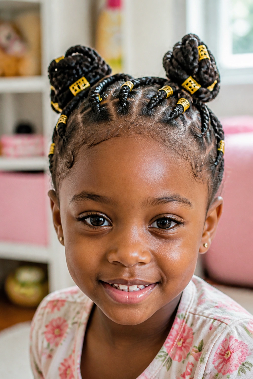 Child with braided space knots and gold cuffs on top of head.