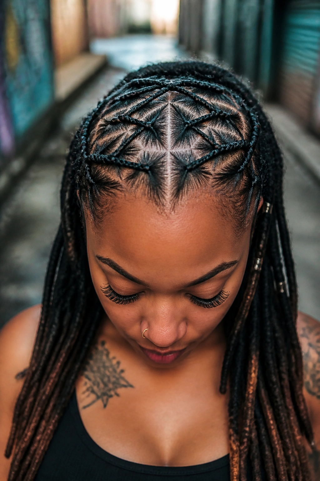 Top-front view of a real woman with spider web braids across the crown