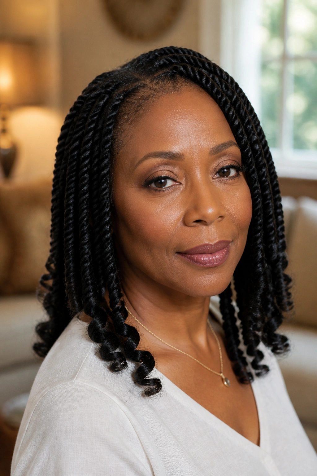 Close-up of a real woman with spiral-ended twists in a cozy living room
