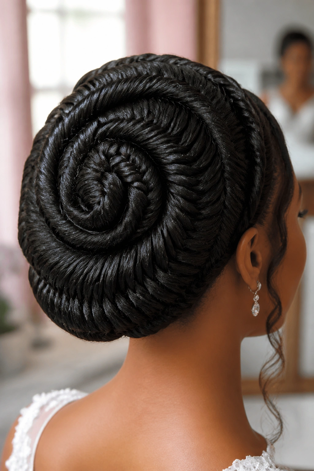Close-up of spiral fishtail updo on a real bride