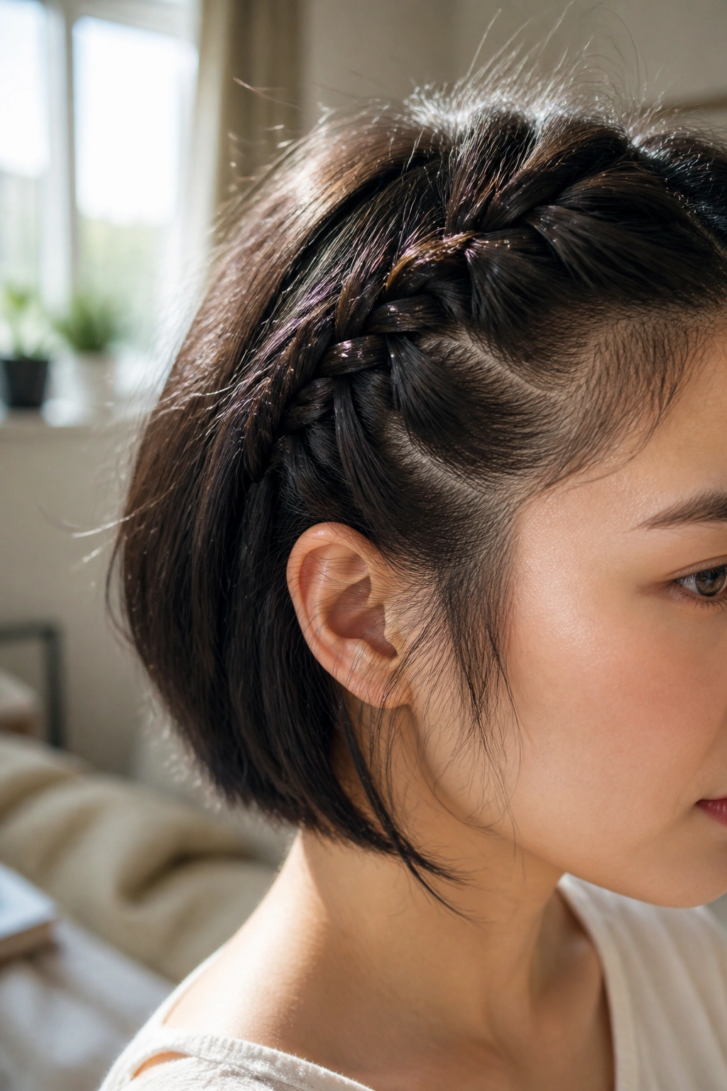 Close-up of sprouts in a chin-length bob braid highlighting common pitfalls in short-hair braiding