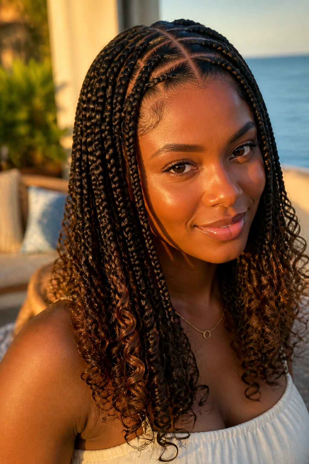Close-up of a real woman with square braids ending in curls on a sunlit patio