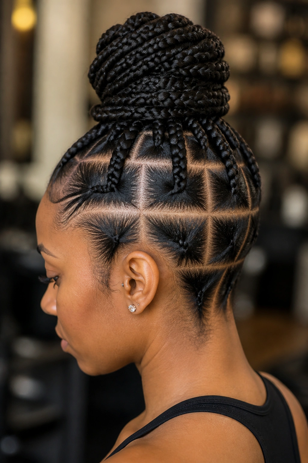 Close-up of square braids styled into a high bun on a real person