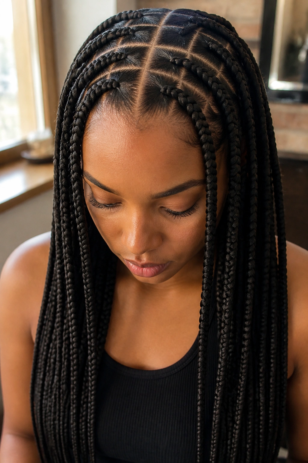 Close-up of a real woman with a grid of square partings and mid-back braids in a salon setting