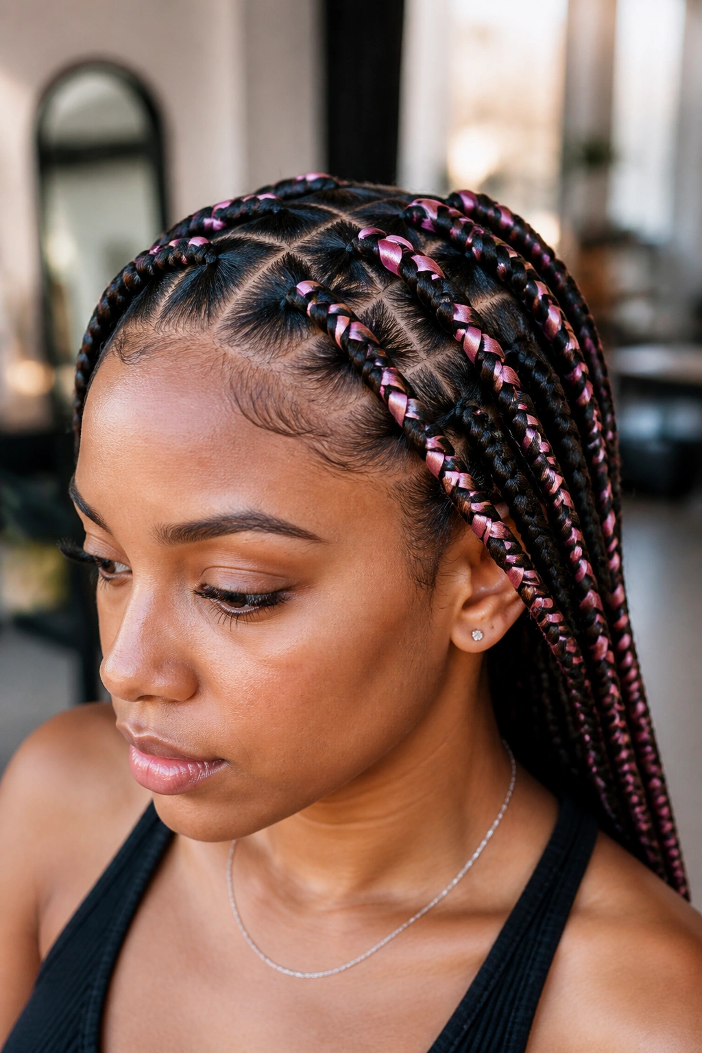 Close-up of square braids woven with ribbons on a real woman