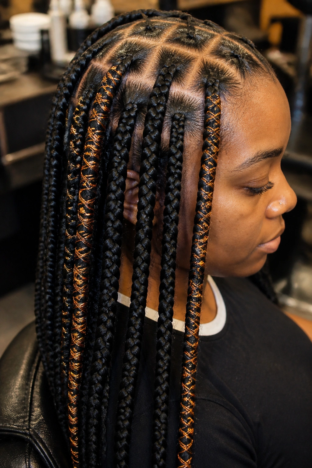 Close-up of square braids with wrap-around thread on a real person in a salon