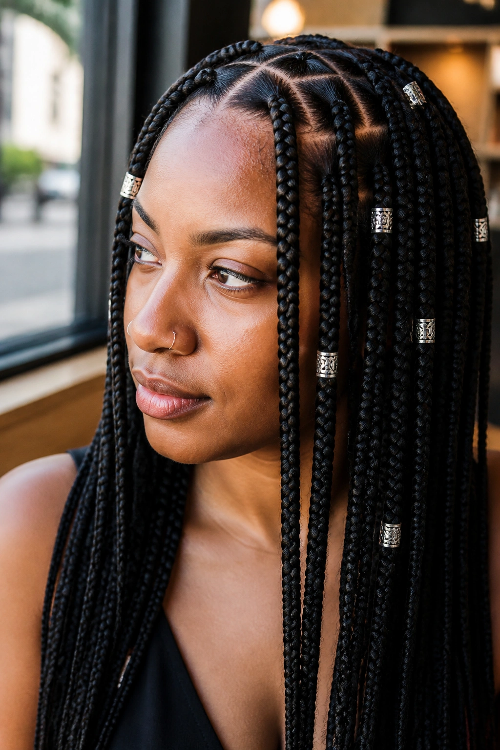 Close-up of a real person with square-parted braids and silver cuffs