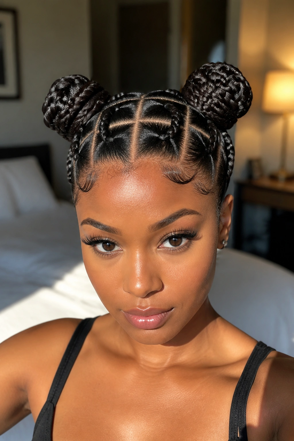 Close-up of a real woman with square-parted space buns in a softly lit room