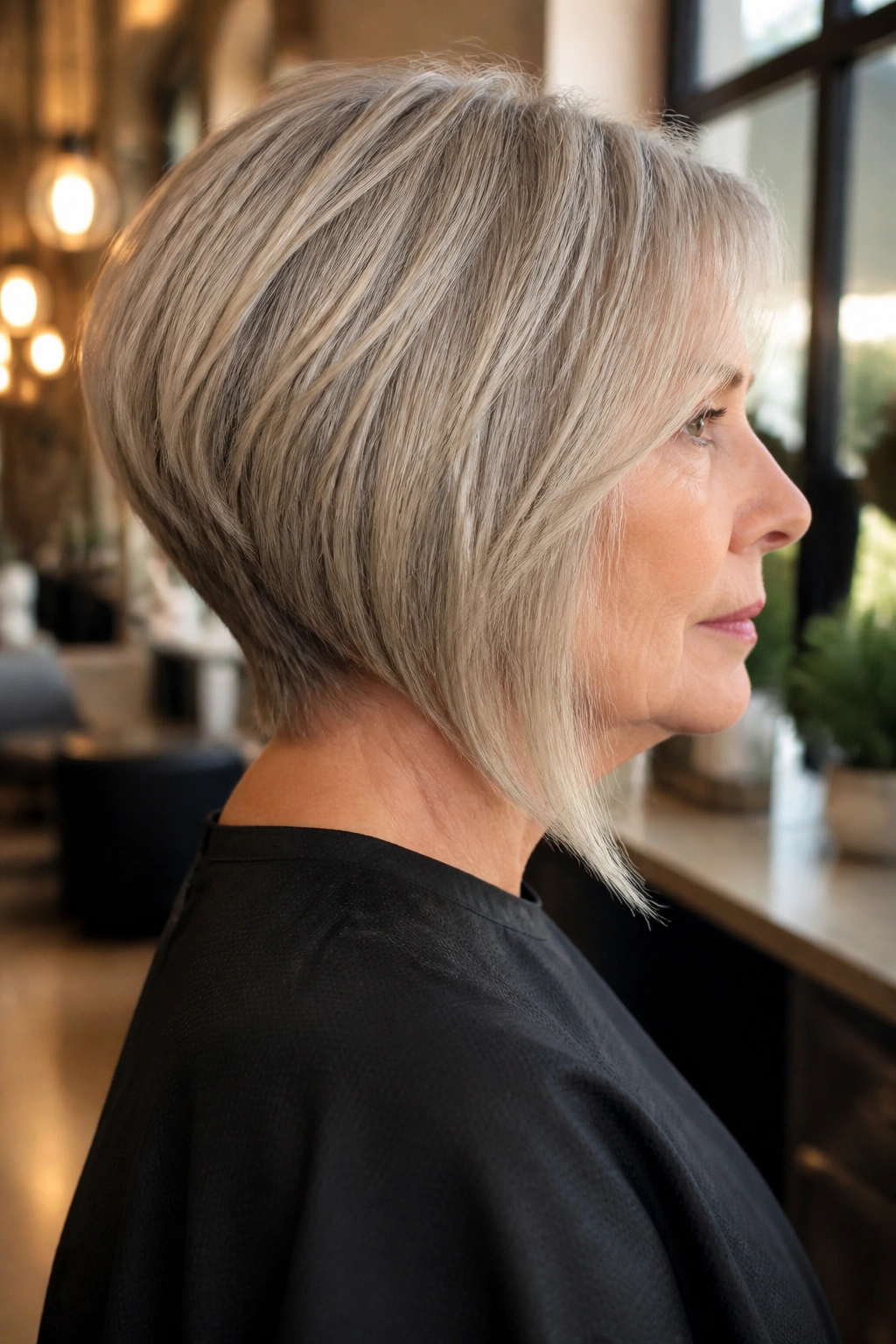 Close-up of a woman with an A-line stacked back hairstyle in a salon setting
