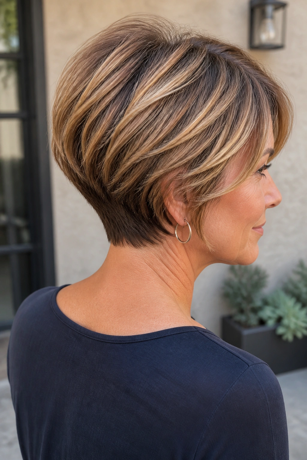 Three-quarter portrait showing stacked back graduation in bob.