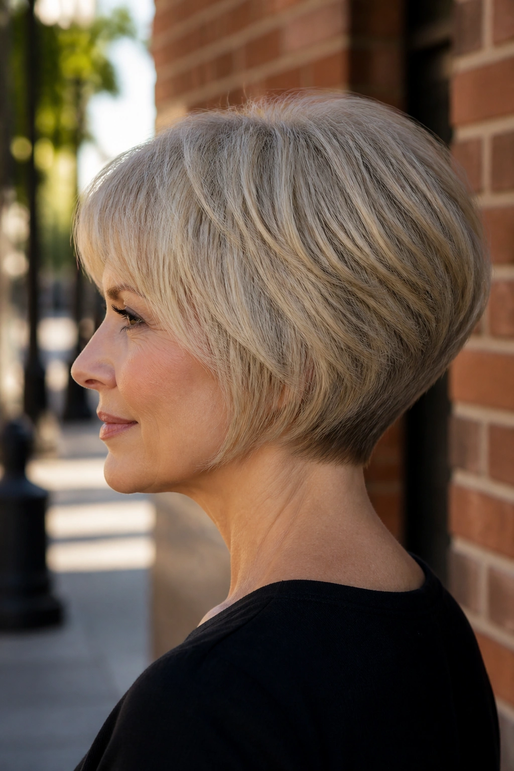 Real woman with stacked bob and lifted back in urban street light
