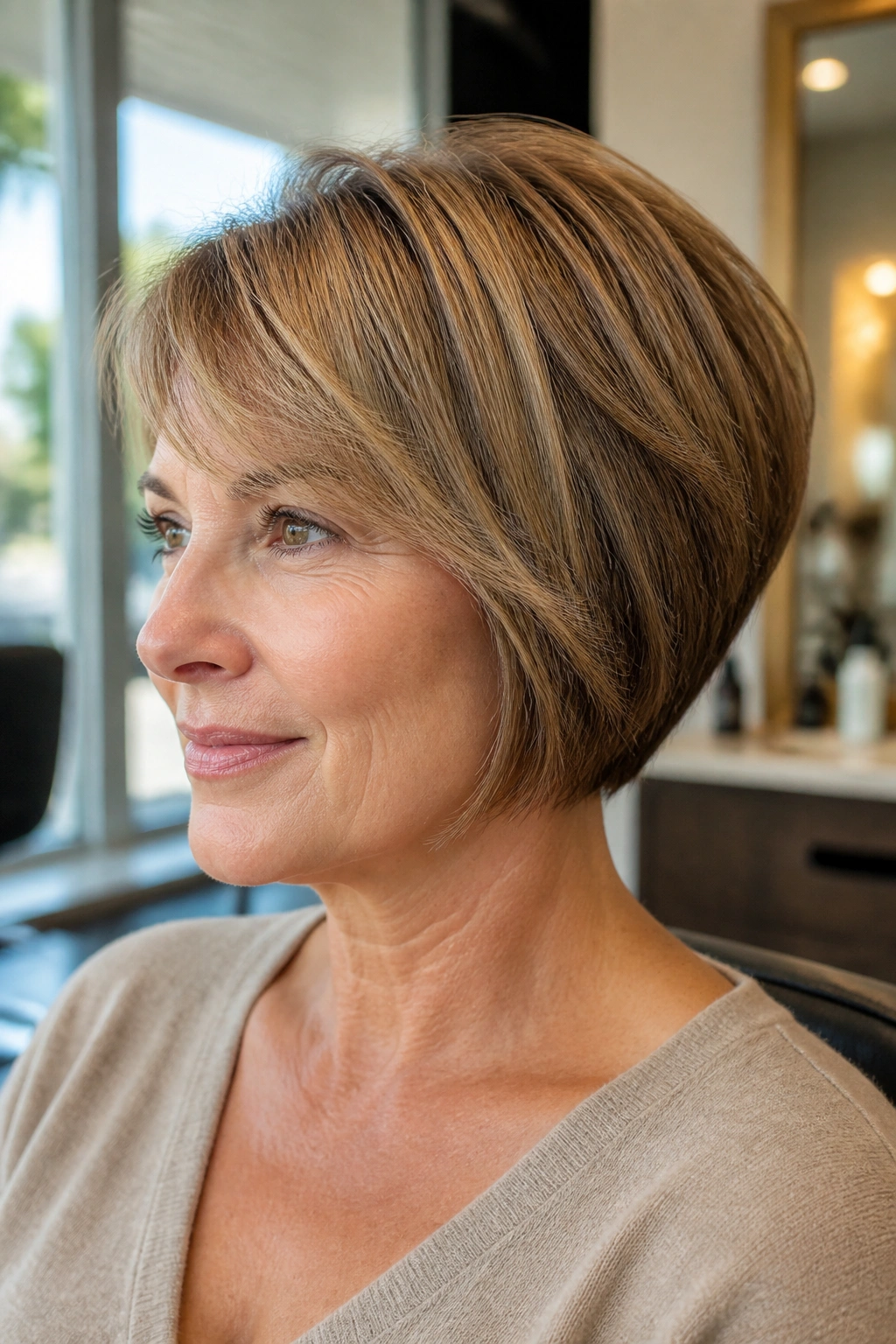 Close-up portrait of a real woman with stacked bob and side bangs in a salon window light