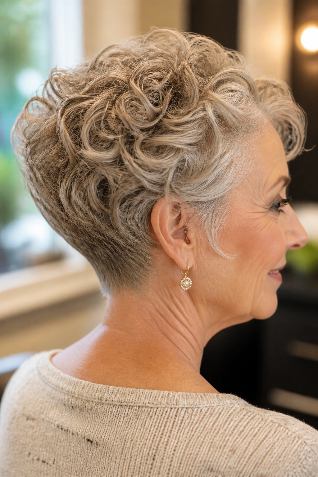 Senior woman with stacked curly wedge seen from rear-quarter angle