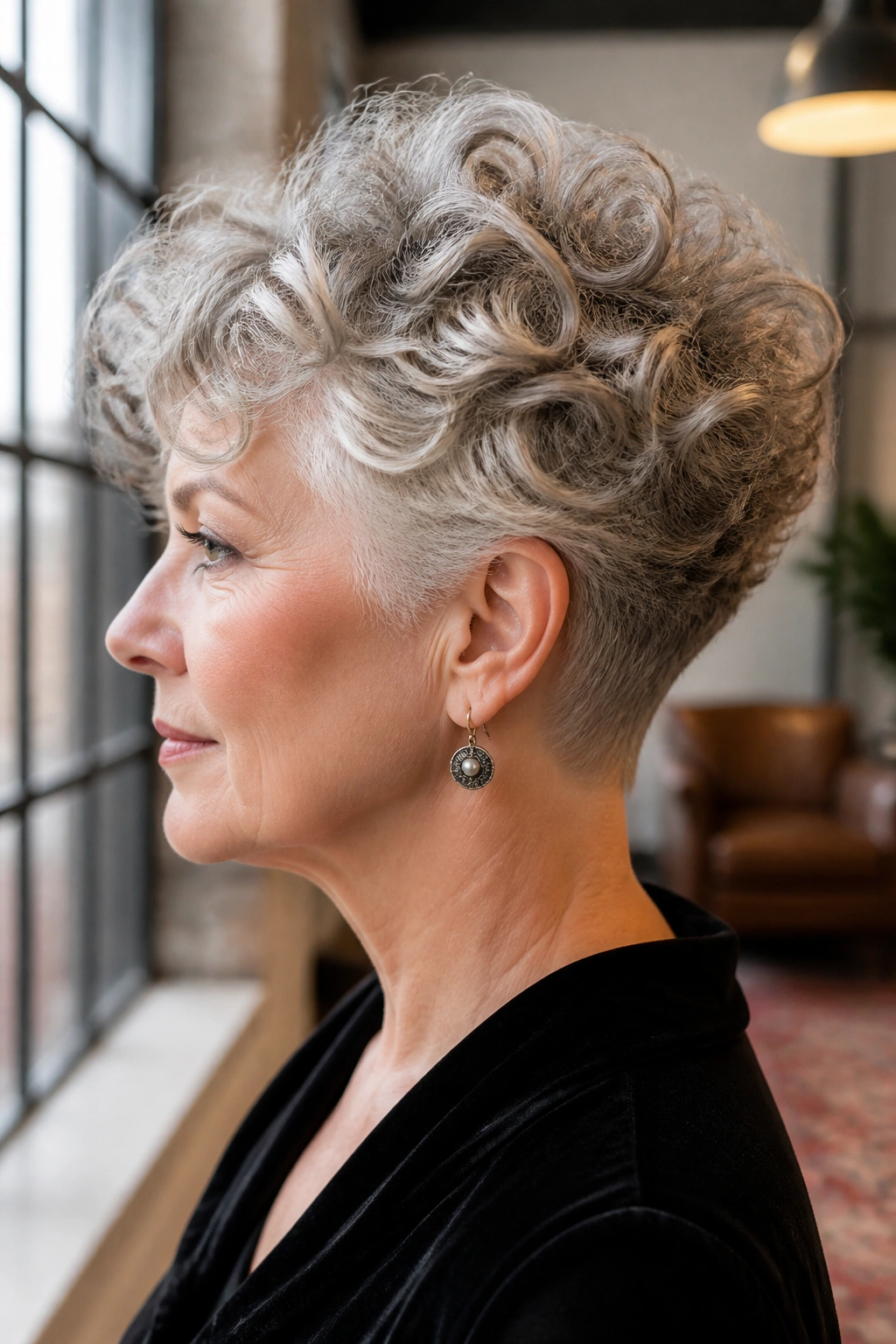 Side-profile of a real woman with stacked curly wedge haircut
