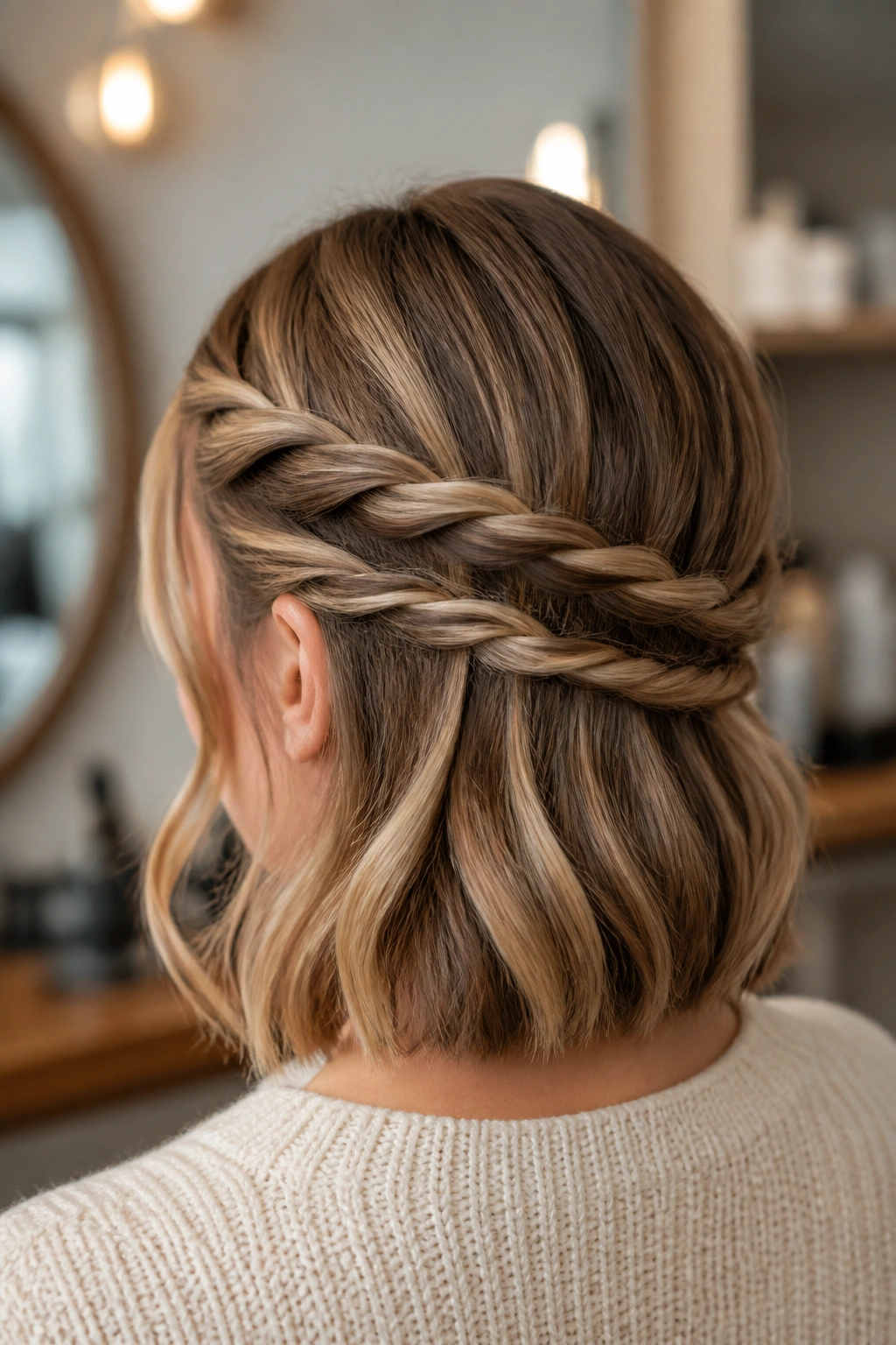 Close-up of a real woman with stacked diagonal rope twists on a bob