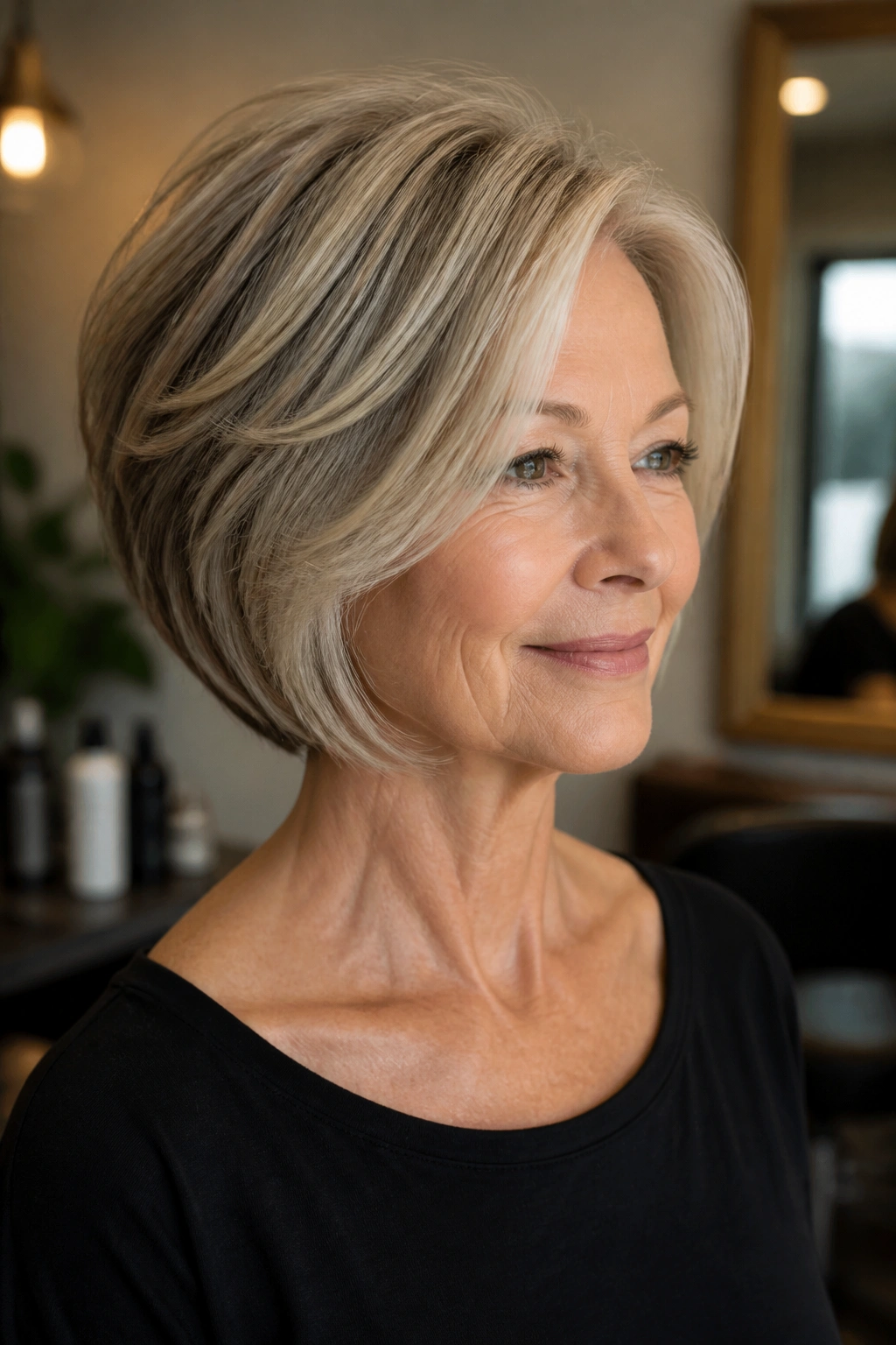 Portrait of a real woman with stacked layered bob