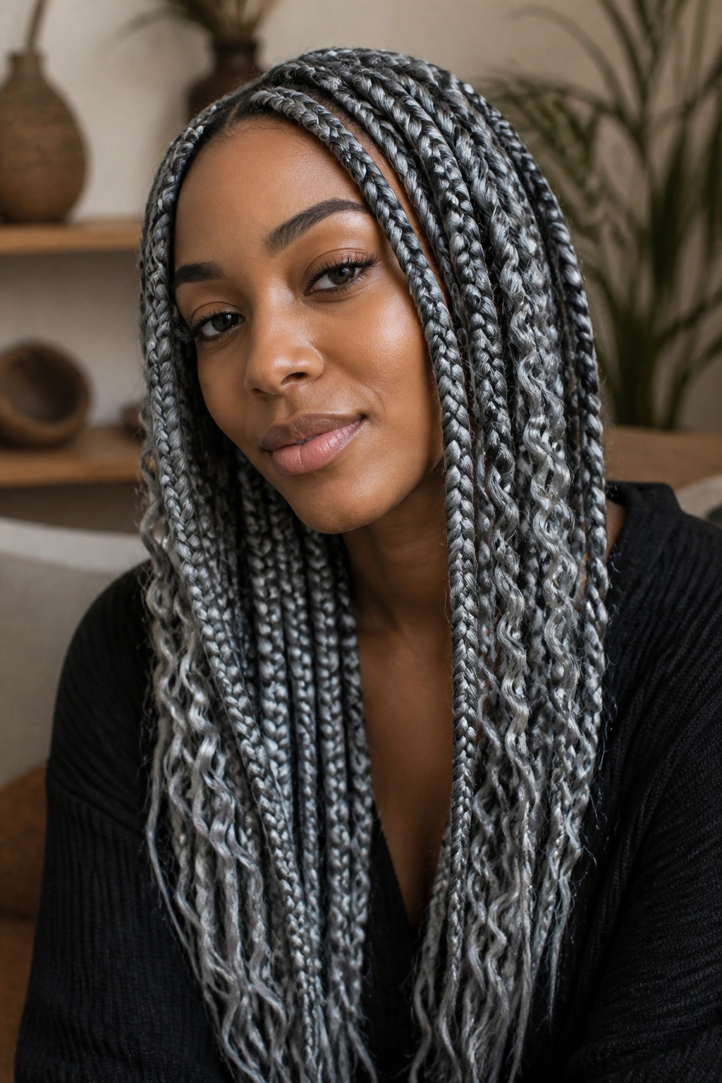 Close-up of steel grey distressed boho jumbo braids on a real person