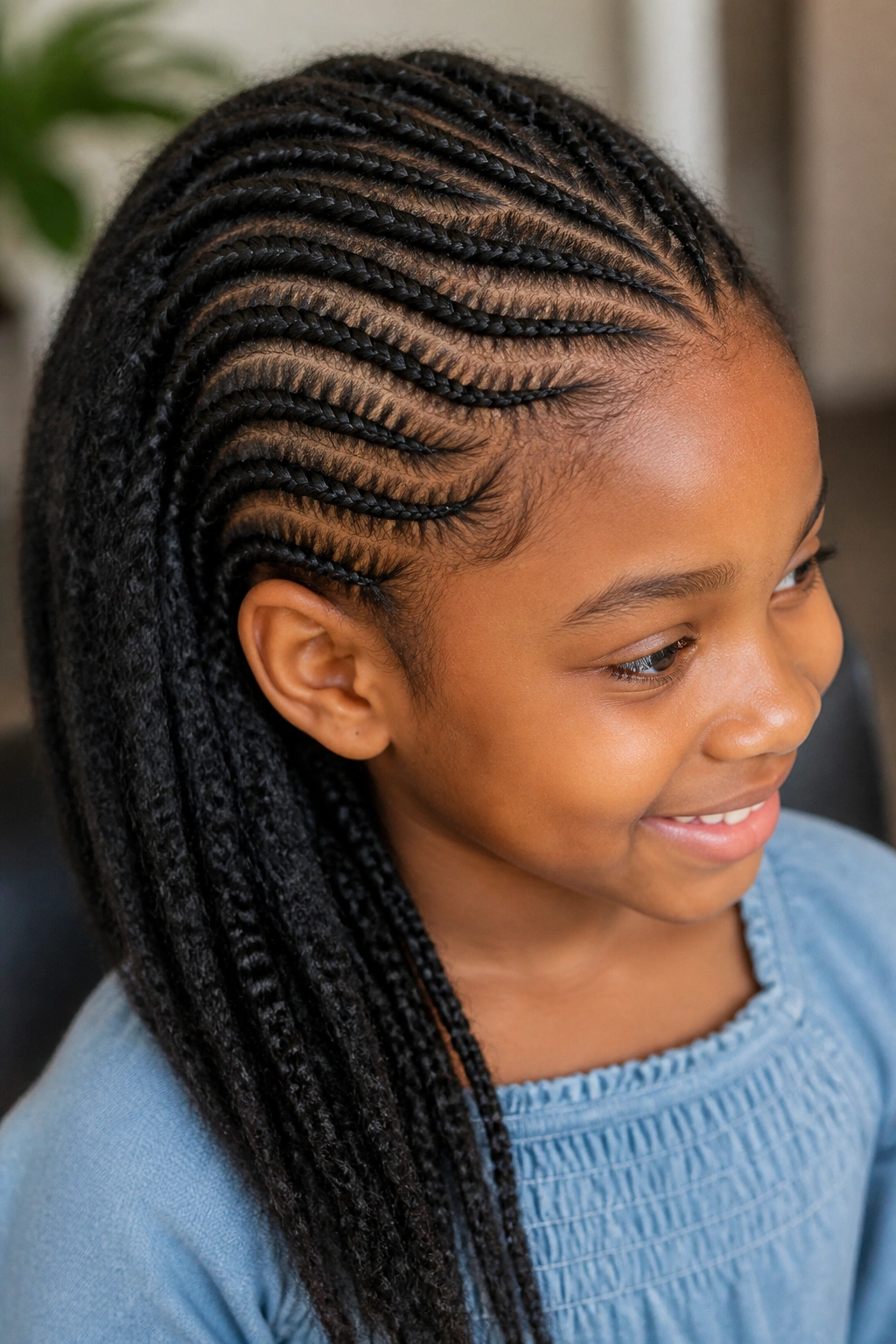 Stitch braids with curved feed-ins on a child's head
