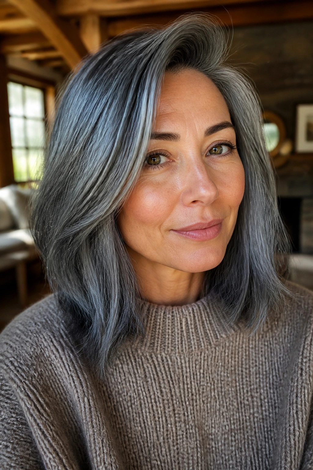 Close-up portrait of a real person with stormy weather gray hair (deep slate, light silver, teal undertone) filling the frame
